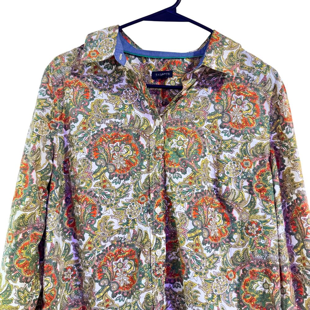 Talbots Gorgeous Orange/Green colorful Paisley Button up blouse Sz 12
